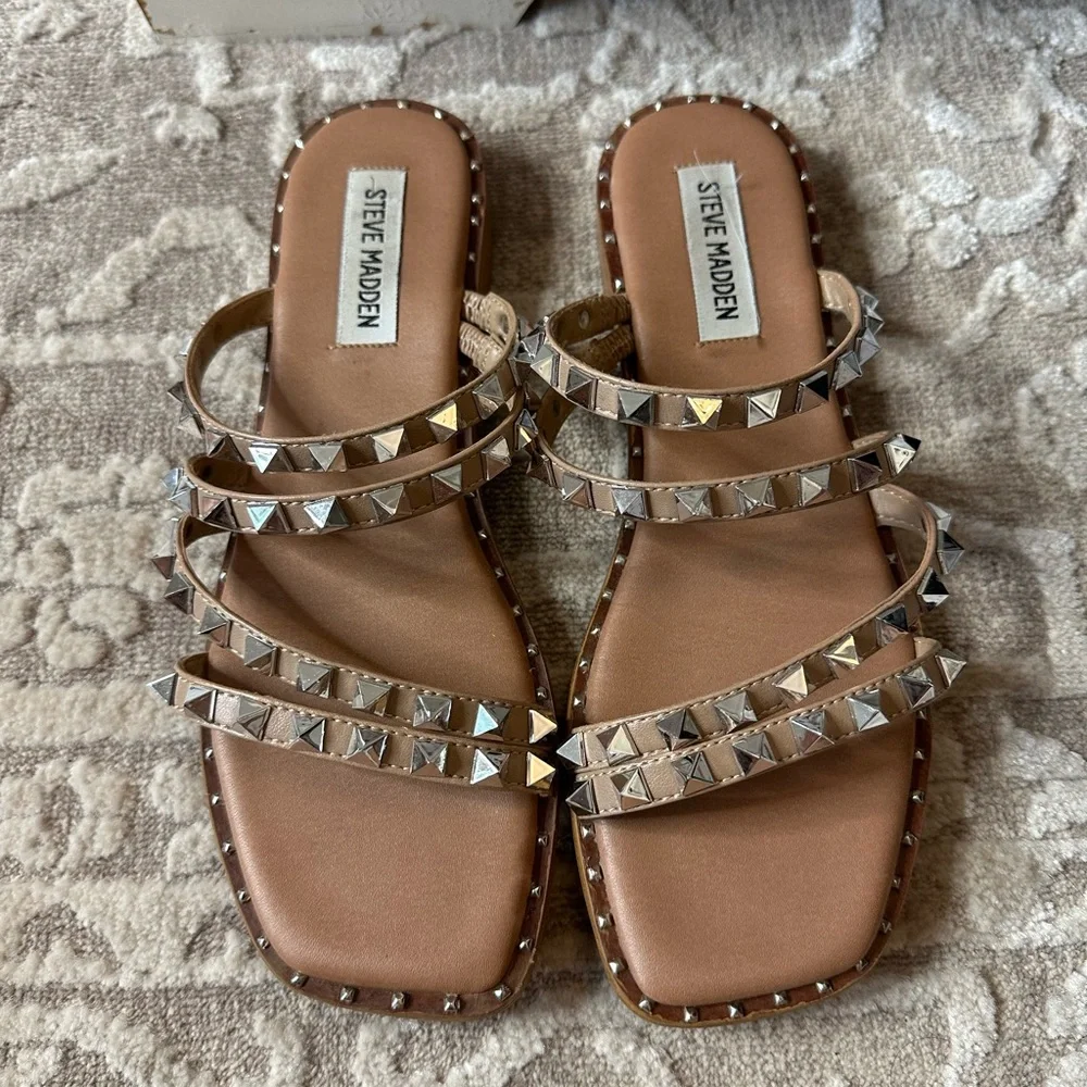 Steve Madden Tan Studded Strappy Slide Sandals